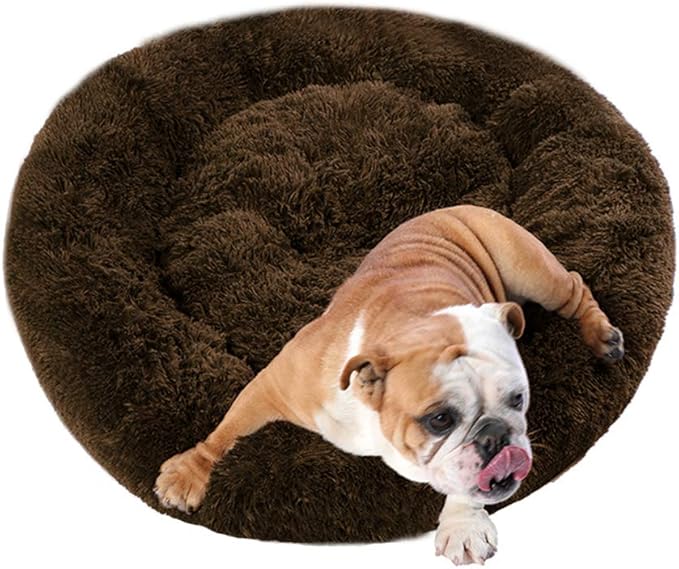 Faux Fur Dog Bed, Shag Round Anti-Anxiety Pet Calming Doughnut Cuddler for Medium Large Puppy Dog Cat Kennel Cushion Self Warming Bed (28'' D x 8'' H, Chocolate)