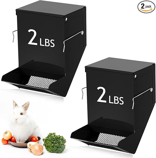 Maxcheck 2 Pcs Rabbit Feeder for Cages Small Animal Food Pellet Dispenser with Lid Metal Chicken Grit Oyster Shell Squirrel Feeders Outside(4.7 Inches,Mesh Bottom,Black)