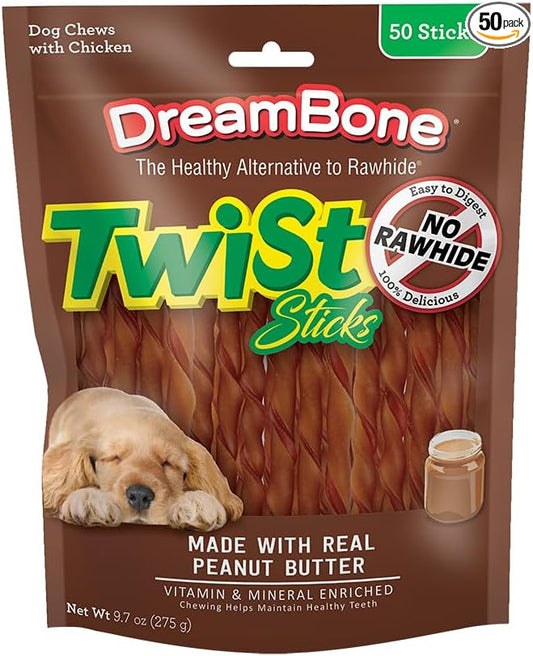 DreamBone Twist Sticks Chews for Dogs, 50 Count, Treat Your Dog to Easy-to-Digest Rawhide-Free Chews Made with Real Peanut Butter and Chicken