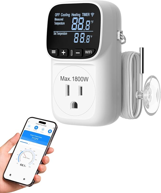 DEWENWILS Smart Temperature Controller, 15A 1800W WiFi Temperature Controller Outlet with Schedule Timer & Memory Function, VA Display & -4℉-240℉ Smart Thermostat for Reptile, Greenhouse, Incubator