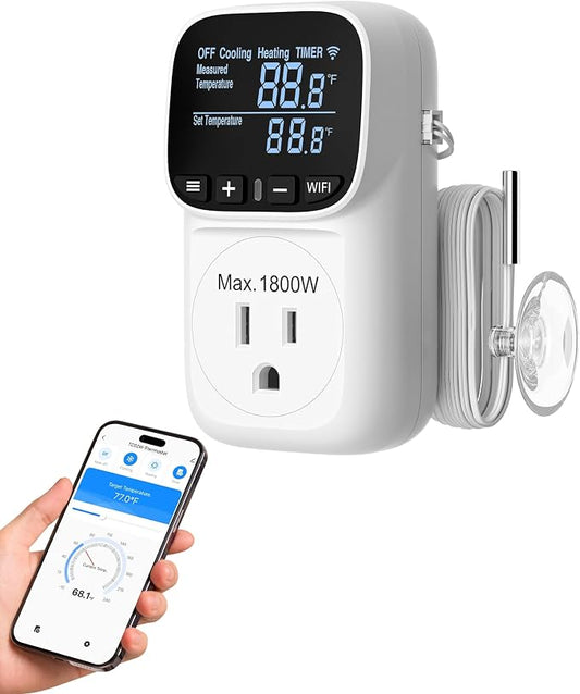 DEWENWILS Smart Temperature Controller, 15A 1800W WiFi Temperature Controller Outlet with Schedule Timer & Memory Function, VA Display & -4℉-240℉ Smart Thermostat for Reptile, Greenhouse, Incubator