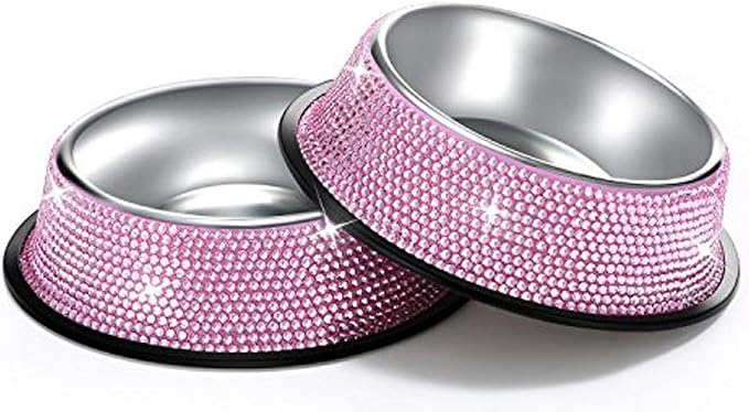 SAVORI Small Dog Bowls Pink, Handmade Bling Rhinestones Stainless Steel Pet Bowls Double Food Water Feeder for Puppy Cats Dogs Cats (400ml-Pink)