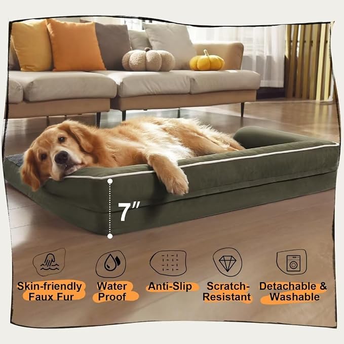 MEKIY Orthopedic Washable Dog Bed with Bolster for Medium to Large Dogs | Pillow Support for Neck Relief, Egg Crate Foam, Waterproof Liner, Anti-Slip Bottom, Removable Bolster Cover, 36 x 27 Inch