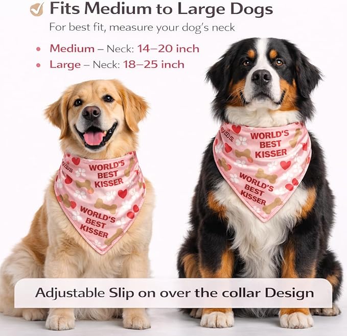 Luxury Satin Dog Bandana – Slip-On Collar Style, Premium Pet Scarf for Medium, Large & XL Dogs – Special Occasion Accessory (Collar Not Included) (Medium - Extra Large, World's Best Kisser)