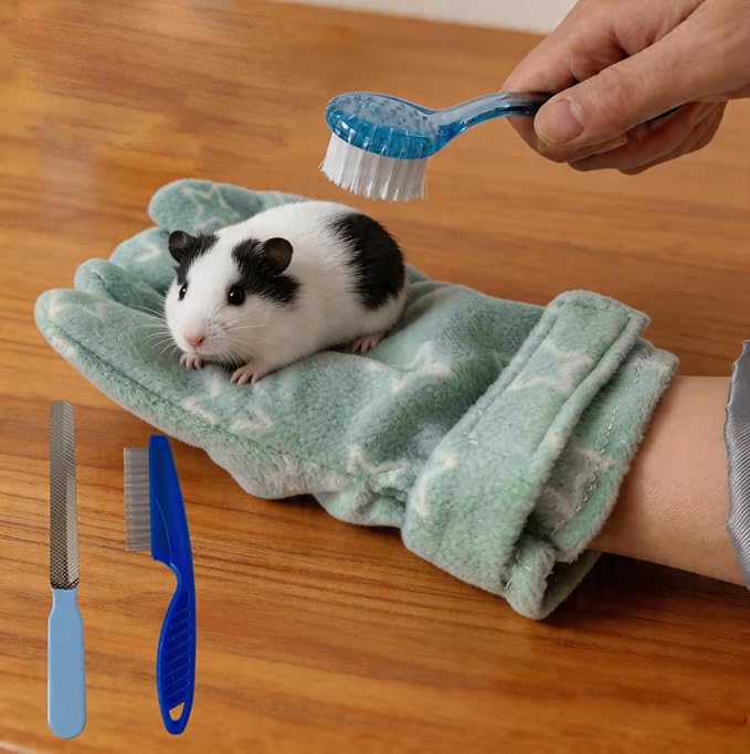 4 PCS Hamster Bite Proof Glove Set, Includes Anti-Bite Glove, Soft Bathing Brush, Metal Fine-Tooth Comb & Nail File, Safe Grooming Kit for Hamsters, Guinea Pigs, Gerbils, Ferrets, Hedgehogs