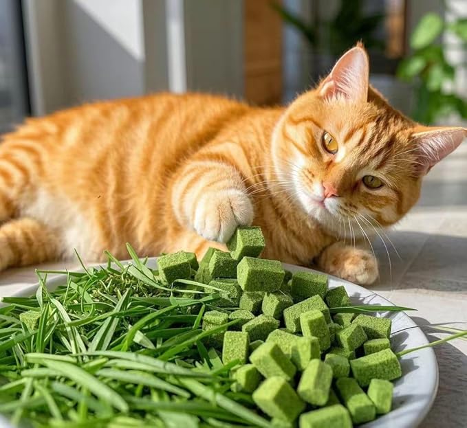 Fangool Freeze-Dried Cat Grass Treats,1.8oz Chicken Freeze-Dried Cat Grass Granules/80% cat Grass Content Hairbal Remedy and Teeth Cleaning