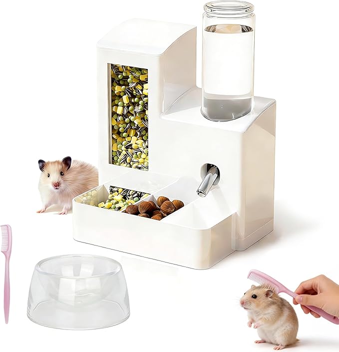 3-in-1 Hamster Feeder, Water Bottle & Food Bowl, 125ml Small Animal Water Dispenser for Hamsters, Mice, Rats, Gerbils - White
