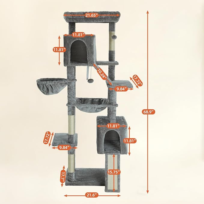 68.9-inch (175cm) Multi-Level Cat Tree with 2 Scratching Boards, 2 Plush Beds, Hammock & Toy Ball for Indoor Cats(Grey)