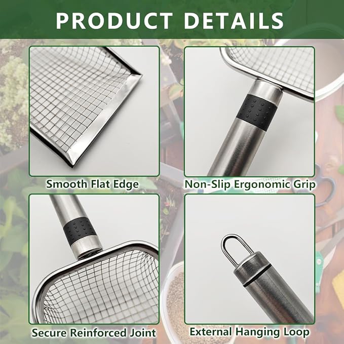 4pcs Gardening Soil Sifter with Stainless Steel Handle Sand Soil Compost Sifter Mesh Screen for Sand,Dirt, Rock,Compost,Filtration (4)