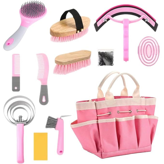 Horse Grooming Kit 12PCS, Horse Brushes for Grooming Supplies with Tote Bag, Horses Tack Brush Set for Effective Grooming and Cleaning, Gift for Horse Riders Beginners