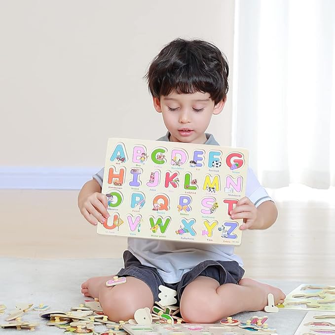 GRINNNIE Wooden Montessori Toddler Puzzles for 3 4 5 Years Old, 3 Pcs (Number, Letter, Shape) Kids Preschool Educational Peg Puzzle Set