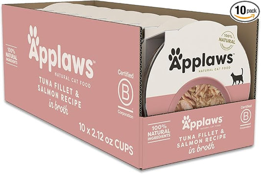 Applaws Natural Wet Cat Food in Broth, Limited and Natural Ingredients, High Protein with No Artificial Additives, Tuna Fillet & Salmon in Broth (10 x 2.12 oz Easy-Open Cups)