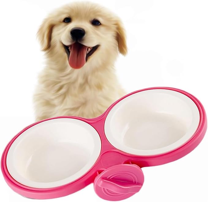 Pet Durable Bowl Cage Bowl, Pet Food Water Removable Bowls with Bolt Holder Hanging Cage Coop Cup Non-Skid Feeder Set Double Diners Portable for Feeding Dogs Cats Birds (Pink)