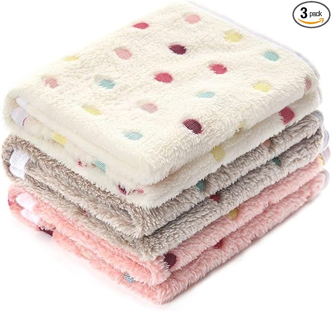 1 Pack 3 Blankets Super Soft Cute Dot Pattern Pet Blanket Flannel Throw for Dog Puppy Cat Beige/Brown/Pink Small