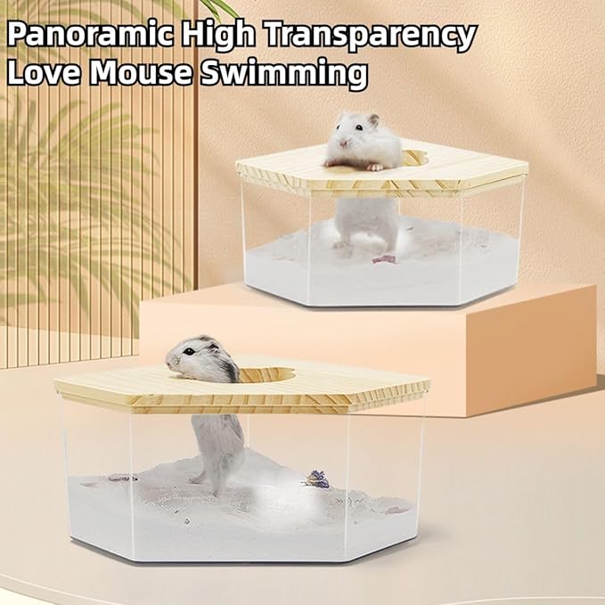 Hamster Sand Bath Box Container, Mini Pet Sandbox Lid Design Take Bath Wooden Sandbox Dust Bath, Transparent Bathroom & Digging Box Acrylic Hamster Litter Box Small Animal Accessories (B)