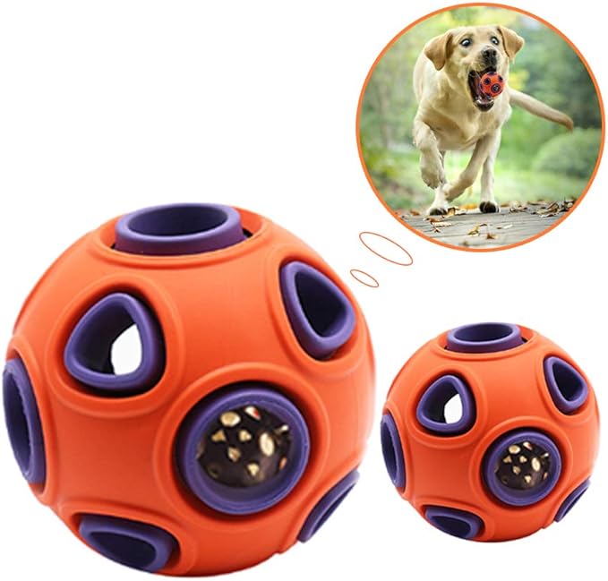WishLotus Interactive Dog Toy With Ring Bell Squeak - Rubber Bouncy Ball for Pet Exercise, IQ Training, Search & Catch - Bite Resistant Chewing Puzzle Toy (L, Orange&Purple)