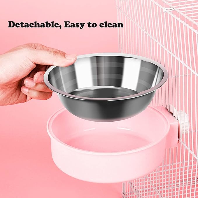 Love Dream Crate Dog Cat Bowl, Removable Stainless Steel Hanging Pet Cage, Food Water Feeder with Bolt for Puppy Birds 2 Pack with Silicone Sponge Dish Brush