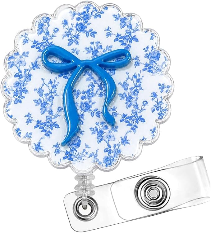 Cute Floral Blue Bow Ribbon Badge Reel for Nurse Women Office Teacher Flower Girly Aesthetic Decorative Sparkly Pretty Glitter ID Holder Clip Retractable Name Tag Card Holder Gifts Accessories