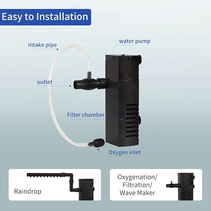 Aquarium Filter Fish Tank Filter Powerful Submersible Turtle Water Filters Ultra Quiet Biochemical Sponge Filter for 10 to 30 Gallon Tank Filtration/Oxygenation/Water Cycle 5in1 (8W)