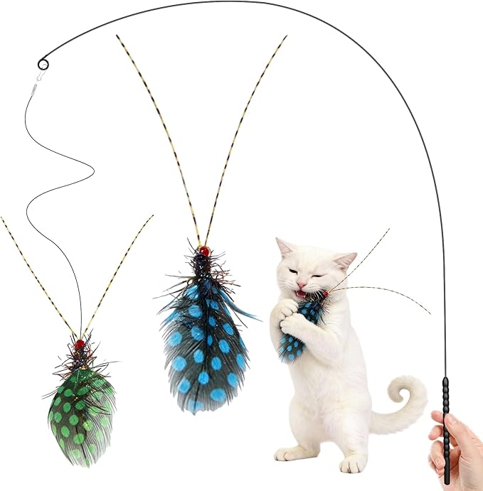 Walfront Interactive Cat Wand Toy with Blue and Green Spotted Insect Heads, Cat Teaser Wand for Multi Cat Homes, Indoor Play for Kittens and Adult Cats, Promotes Fun, Activity, and Owner Bonding