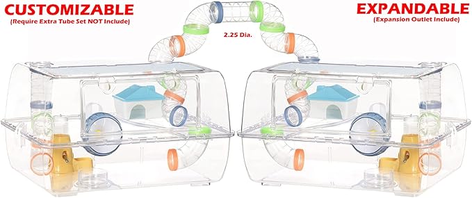2-Tiers Acrylic Clear Easy Setup Hamster Mouse Deluxe Palace House Habitat with Large Running Wheel Water Bottle Tower Food Bowl Hide House Deep Base Ground Expansion Outlet