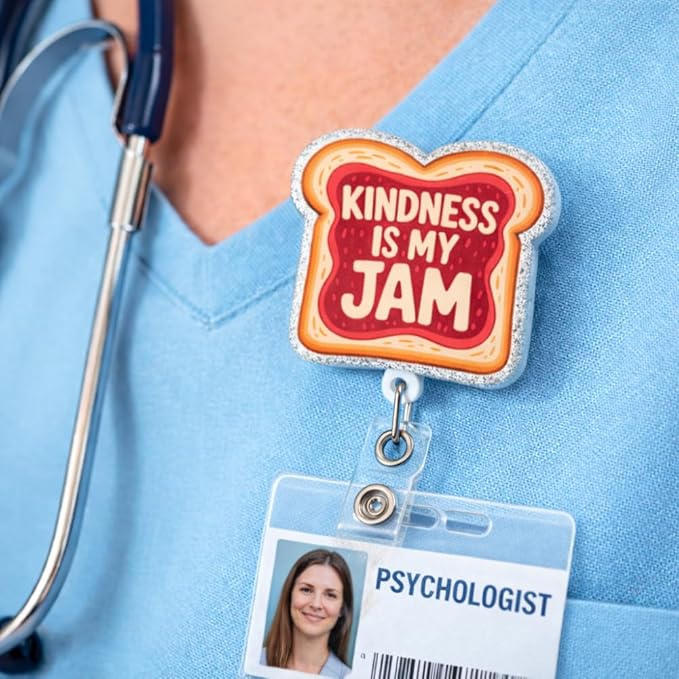 Kindness Is My Jam Badge Reel Glitter Retractable ID Holder Clip Inspirational Positive Nurse Medical RN CNA CMA EMS Healthcare Nursing Cute Name Tag Fun Decorative Bling Gift Office Women Accessories