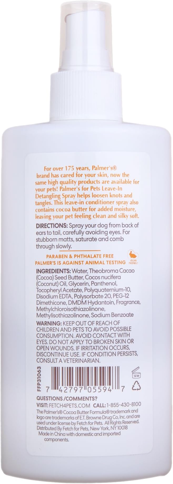 Palmer’s for Pets Detangling and Conditioning Leave-In Spray, Cocoa Butter - No-Rinse Dematting Dog Conditioner Spray with Vitamin E, Tangle and Knot Remover, 8 Fl Oz