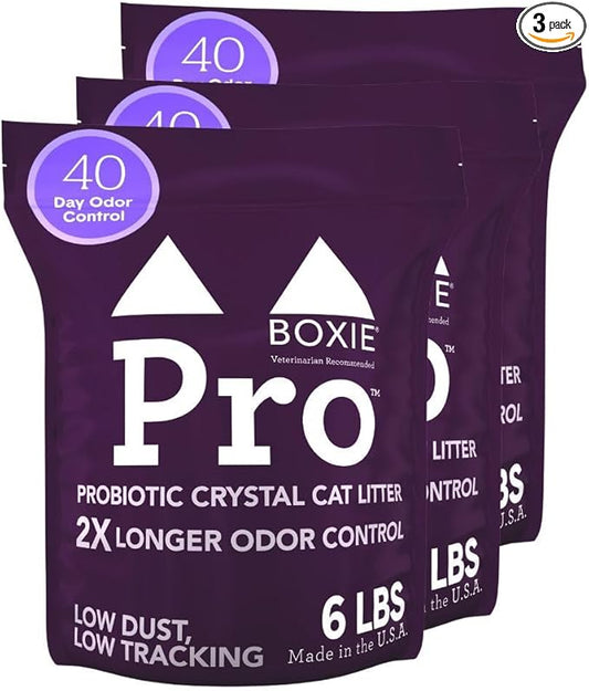 Boxie® Probiotic Unscented Crystal Cat Litter, 40-Day Odor Control, 18lb (3 Pack of 6lb Bags), Non-Clumping, Dust-Free, Lightweight