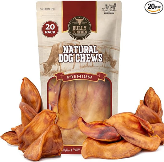 Bully Bunches Large Whole Pig Ears for Dogs | Free Range Oven Baked Pork for All Breeds | All-Natural, Single Ingredient & 100% Digestible Safe Dog Chew - Multipack (20 Pack)