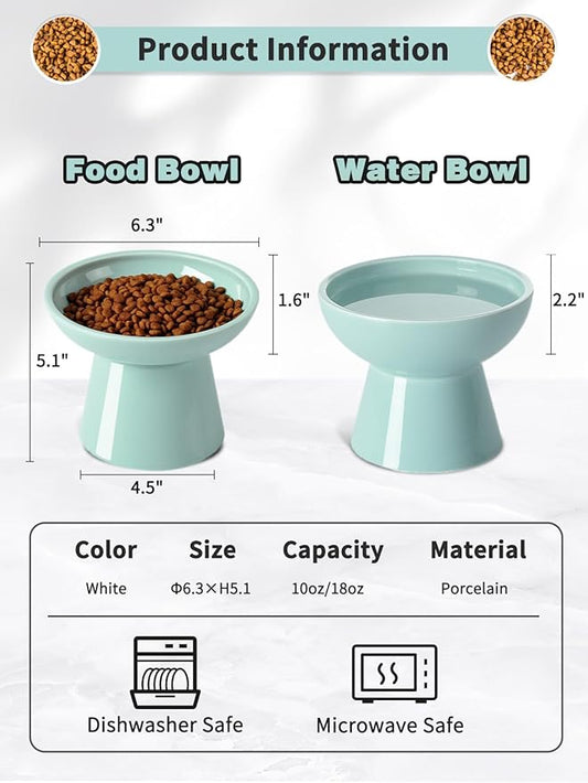 LoeJan Elevated Cat Food and Water Bowls Set, Extra Wide and Raised Ceramic Feeder, Anti-Vomit Whisker-Free Pressure Feeding Bowl for Kittens Adult Small Dogs (Blue, Food Bowl)