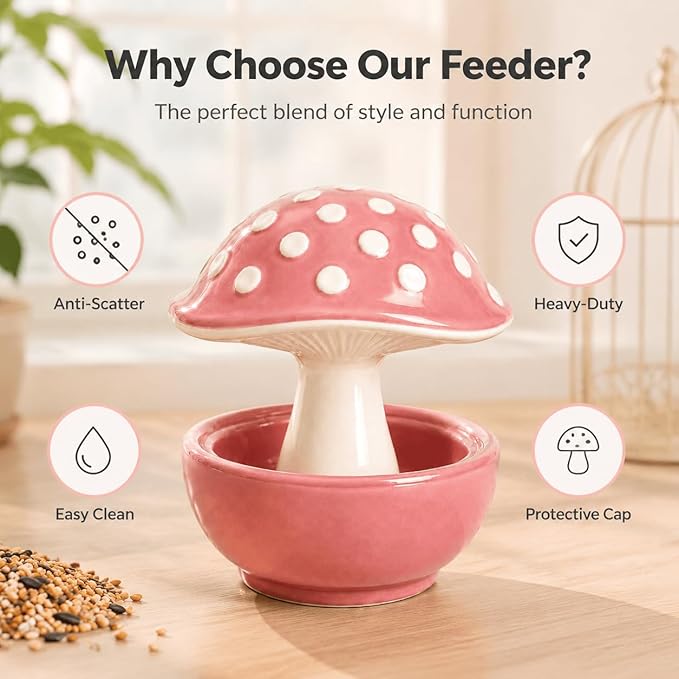 Ceramic Mushroom Bird Feeder No Mess, Spill Proof Bird Food and Water Bowl for Cage, Covered Dispenser for Parakeet, Budgie, Cockatiel, Lovebird, Hamster Accessories, 4.3" Tall