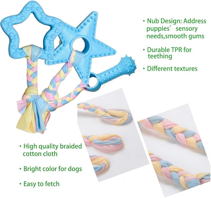 Volacopets Puppy Toys for Teething, Puppy Chew Toys for Small Dogs, Puppy Supplies, Blue, Small Breed Corgi Size, 5 Pack