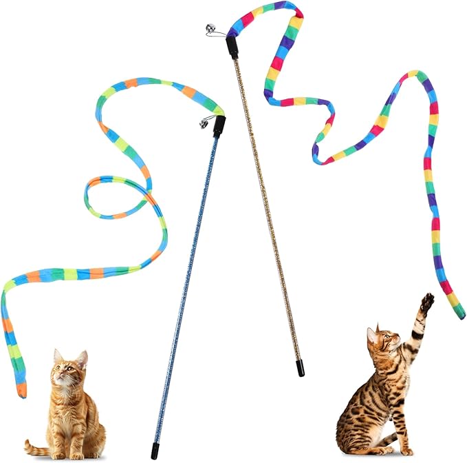 2 Pcs Interactive Cat Rainbow Wand Toys, Colorful Ribbon Teaser for Bored Indoor Cats and Kittens Cat Teaser Wand and String Toy Extended Colorful Cats String Toy with Bells