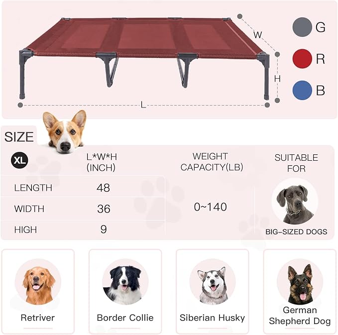 suddus Elevated Dog Bed Waterproof Outdoor, Portable Raised Dog Beds, Dog Cot Off the Floor, Dog Bed Easy Clean Indoor or Outdoor Use, X Large, Red