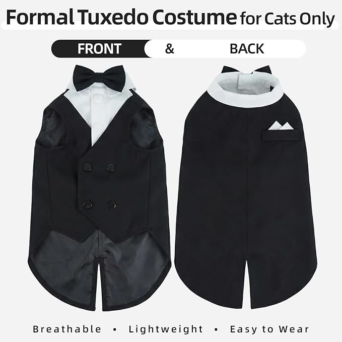 QBLEEV Cat Tuxedo Outfit with Bow Tie, Sphynx Cat Costume Formal Suit Wear | Soft breathable, stylish hairless clothes for cats only, kitten wedding birthday party shirt apparel for male boy