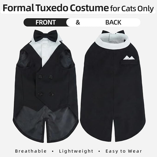 QBLEEV Cat Tuxedo Outfit with Bow Tie, Sphynx Cat Costume Formal Suit Wear | Soft breathable, stylish hairless clothes for cats only, kitten wedding birthday party shirt apparel for male boy