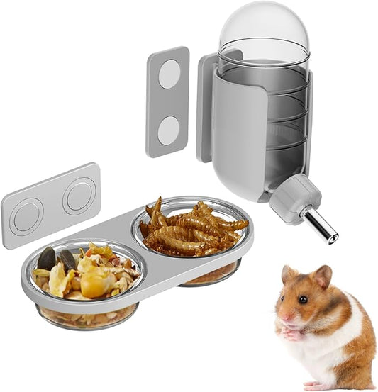 Magnetic Hamsters Feeding Set Freestanding Water Bottle Food Bowl for Glass Tanks, Suitable for Syrian Dwarf Hamsters Gerbils Mice Rats Degus (Gray, Magnetic-Mounted)