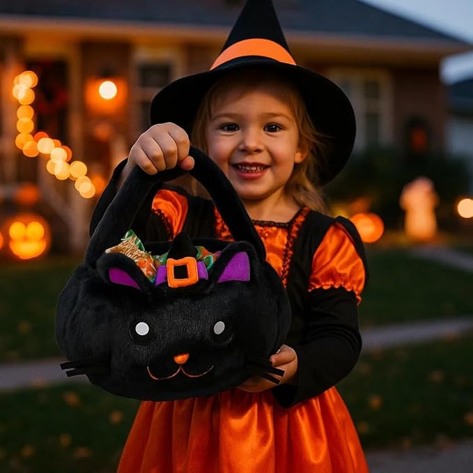 Halloween Plush Treat Basket, Halloween Candy Basket, Trick-or-Treat Bag(Black Cat Witch)