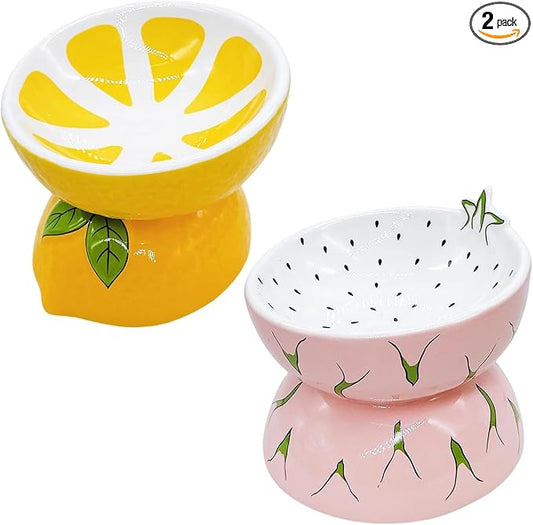 Hamiledyi Ceramic Raised Cat Bowl Anti Vomiting Elevated Tilted Cat Food & Water Bowls 2PCS Pet Feeder Dish for Indoor Kitty and Small Dogs(Lemons & Pitaya)