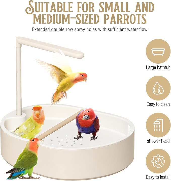 Parrot Bathtub Bird Automatic Bath Shower,Large Bird Shower Fountain Indoor Bathtub with Running Water, Contains USB and Pump,for Pet Birds, African Grey, Cockatiel, Conure, Budgie, Lovebird(Beige)