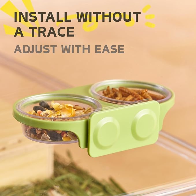 Magnetic Reptile Feeding Ledge with 2 Pack Plastic Bowls Food Feeder Water Dish for Crested Gecko Dwarf Hamster (Green, Magnetic-Mounted)
