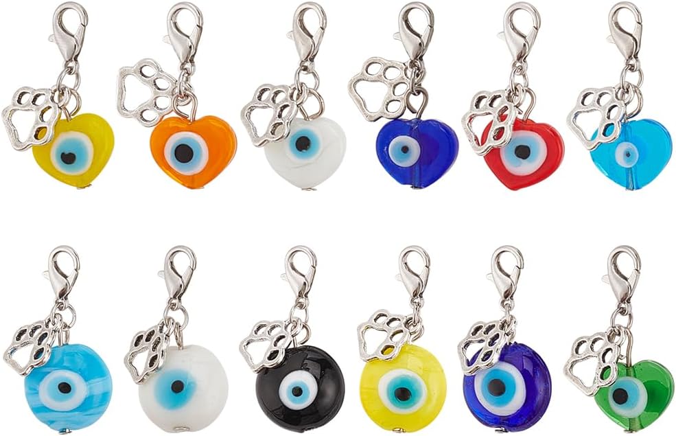 12pcs Evil Eye Pet Collar Pendants for Cat Dog Heart Bead Jewelry Charms Lucky Dog Paw Pet Collar Pendants Clip-on Charms for Bag Decor Keychain Pet Necklace Training Home Decoration