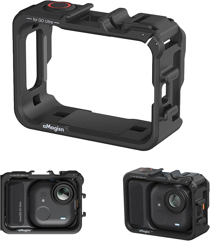 Cage for Insta360 Go Ultra Accessories, Protective Horizontally-Vertically Shoot Case for Insta360 Go Ultra, with Cold Shoe Mounts, 1/4" Threads, Quick Release Mounts Adapter, Ultra-Light (Black)
