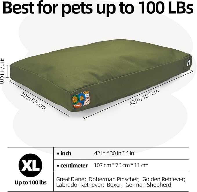 Sytopia 42 Inch Indestructible Canvas Outdoor Dog Bed for Extra Large Dogs, Chew Proof Waterproof Pet Bed with Machine Washable Removable Cover, Durable Indoor Patio Pet Pad for Crate, Green