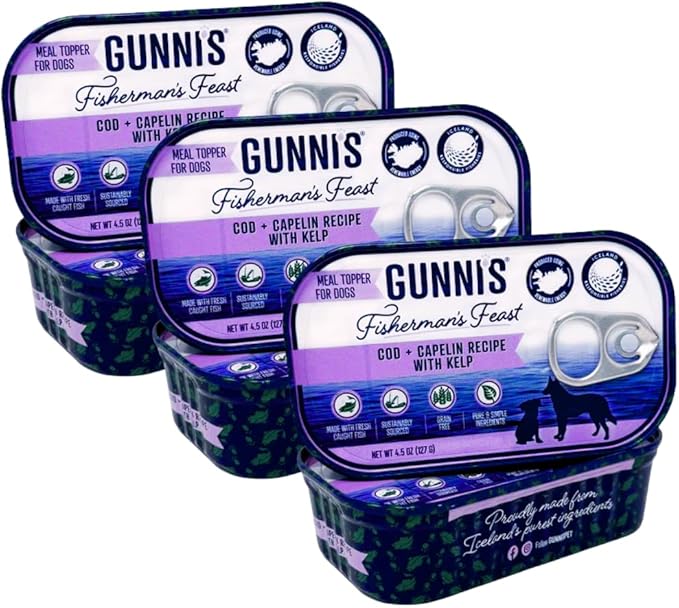Gunnis Pet Fisherman’s Feast Dog Food Topper – Cod & Capelin with Kelp – Gently Cooked, Wild-Caught in Iceland – Grain-Free, Natural Topper for Dogs – 4.5 oz Tins, Pack of 6
