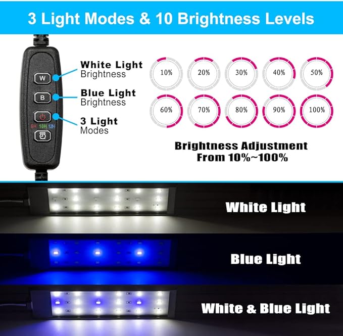 DaToo Aquarium Light Small LED Clip Light for Fish Tank 7W with Timer&Dimmer, 1 Yr Warranty