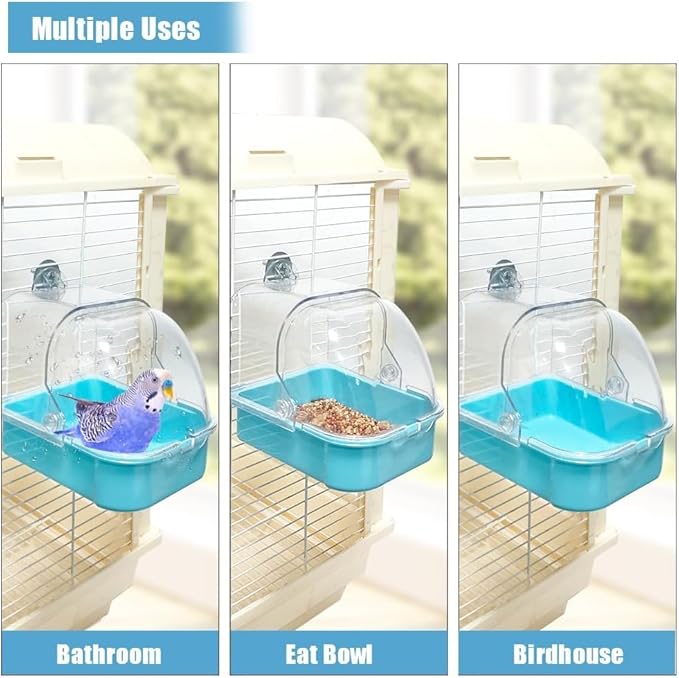 Bird Bath for Cage - Spacious Parakeet & Parrot Bathtub with Hanging Hooks, Portable Shower for Most Birdcages, Cleaning Pet Supply (Blue)