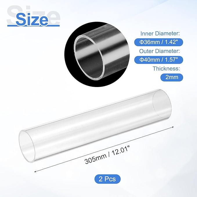 uxcell 2Pcs Clear Rigid Acrylic Pipe, 36mm(1.42") ID x 40mm(1.57") OD 12" Round Polycarbonate Tube Plastic Tubing for Plumbing, Lighting, Aquarium, DIY Projects