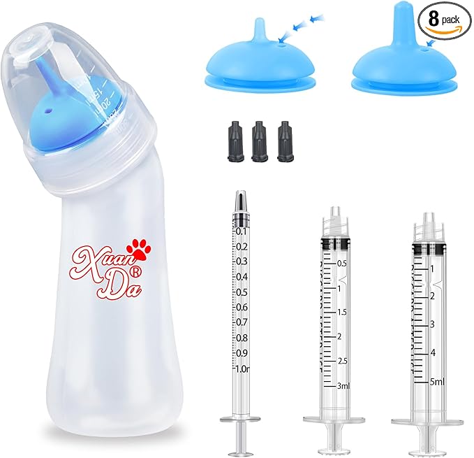 Pet Feeding Bottle and Syringes, 3 Sizes Nipples with Ventilation Valve Resistant Tearing Perfect for Puppies, Kittens, Small Wildlife (Blue)