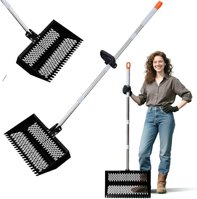 17inch Width Heavy Duty 2-in-1 Chicken Poop Scooper & Rake, Stainless Steel Chicken Coop Litter Sifting Shovel with Ergonomic Grip & Adjustable Angle, Sand Scoop for Coop, 37-54 Inch (17inch)